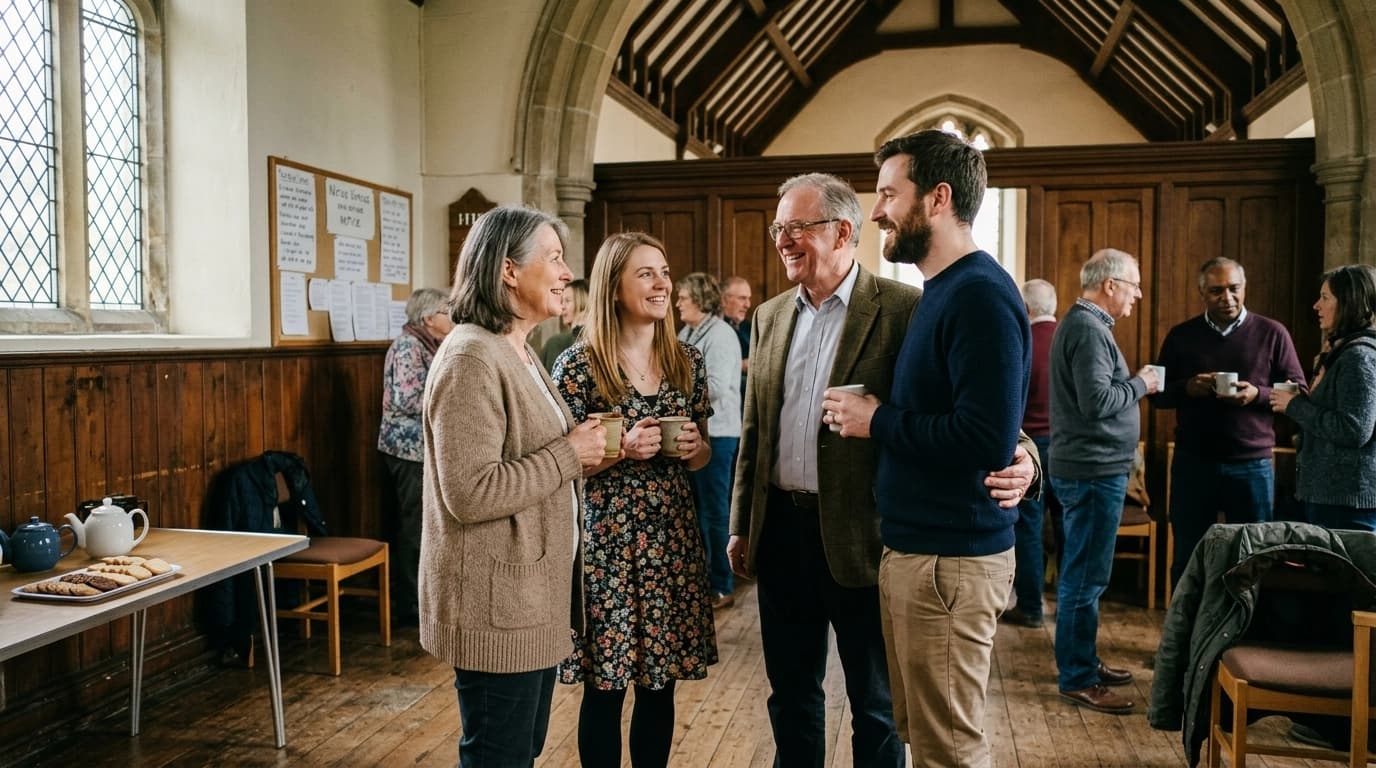 A warm, candid moment of people welcoming one another after a church service