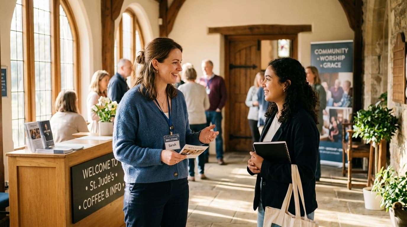 A friendly volunteer greeting a newcomer in a sunlit church foyer