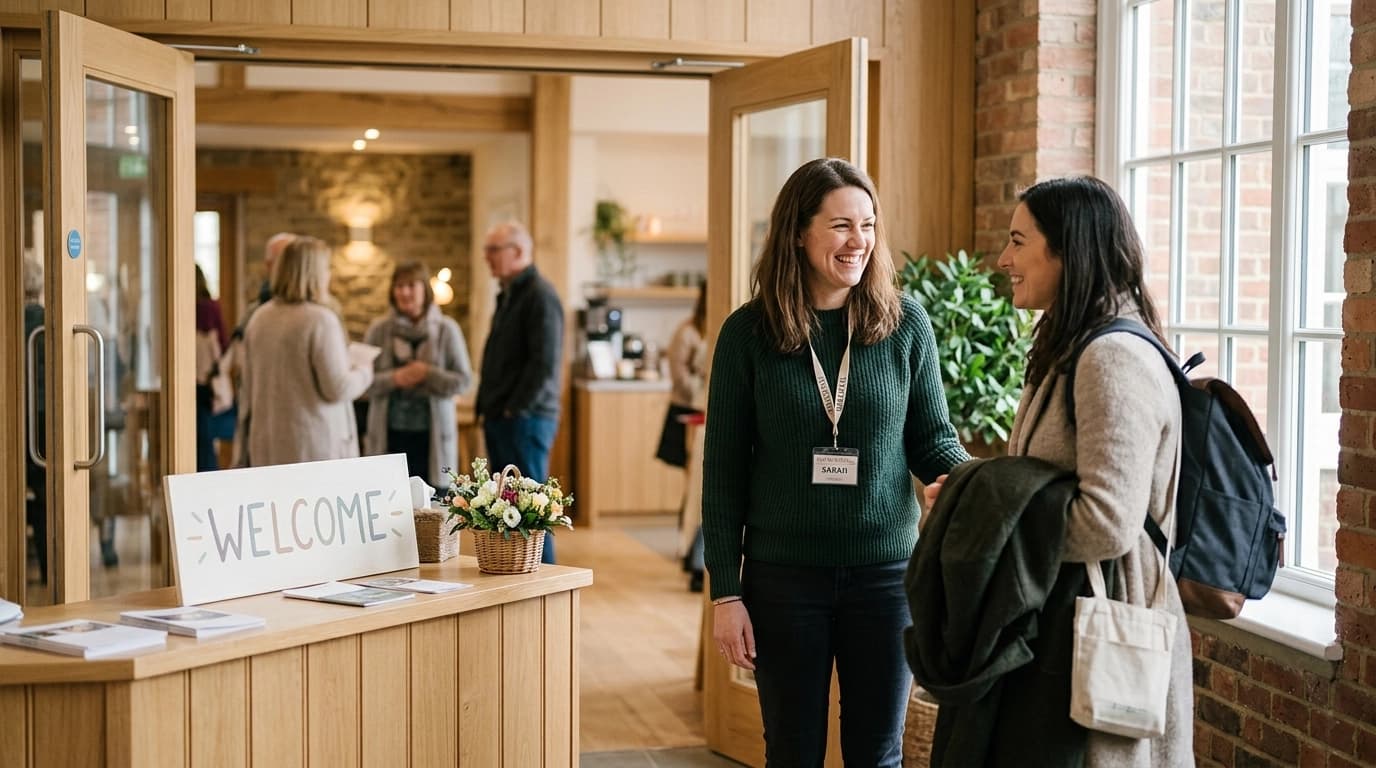A smiling welcome team member warmly greeting a new visitor in a bright UK church foyer