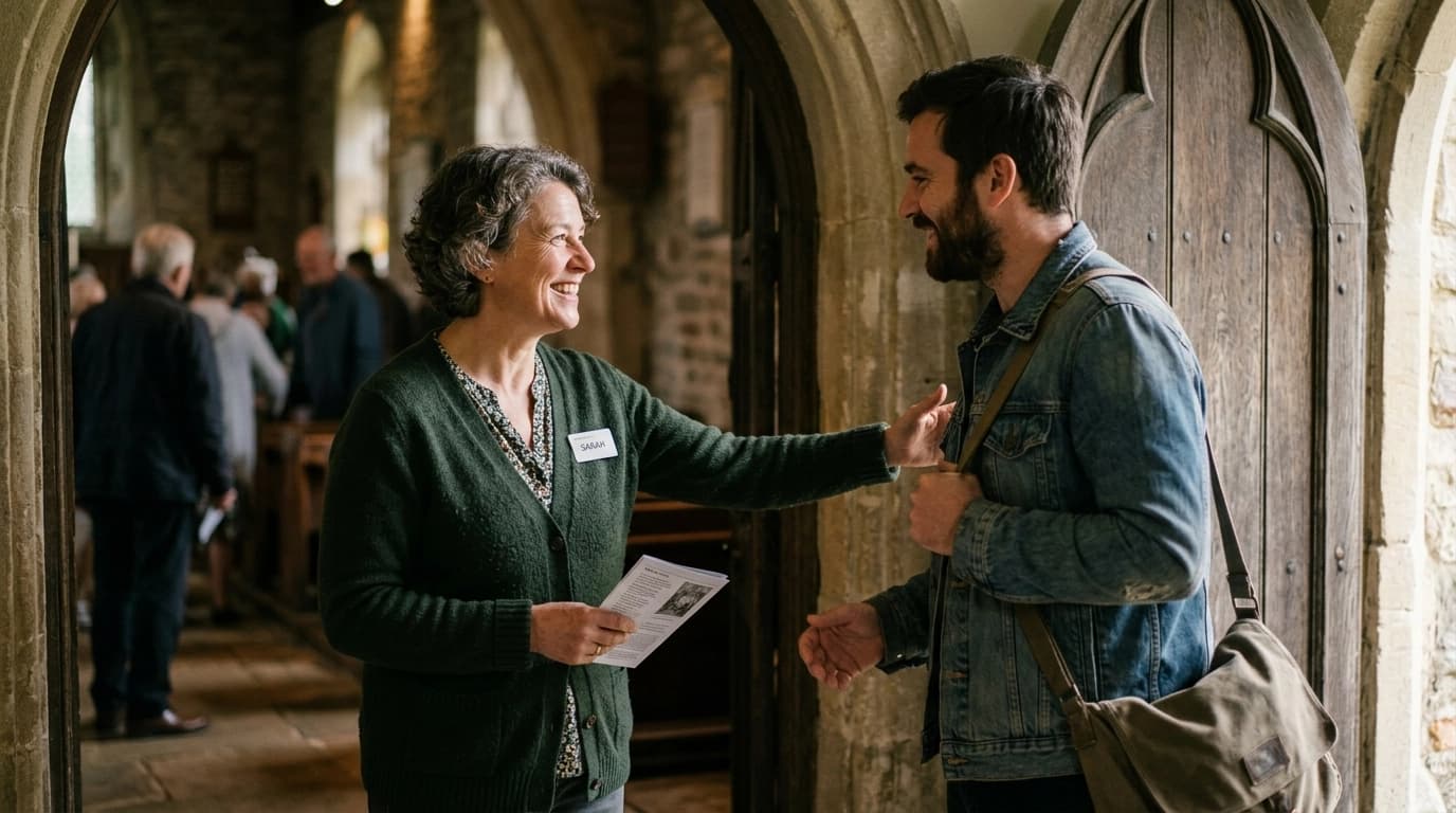 A warm, natural welcome at a church entrance
